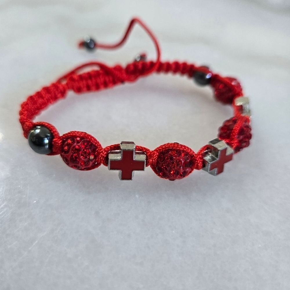 Black Rhinestone Macramé Red Bead Rope Bracelet Cross Crystal New